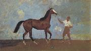Sir Alfred Munnings,P.R.A The Racehorse 'Amberguity'  Held by Tom Slocombe oil painting on canvas